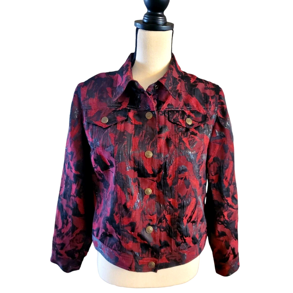 Ruby Rd. Petite Dark Red Black Abstract Print Lightweight Snap Front Jacket 12P
